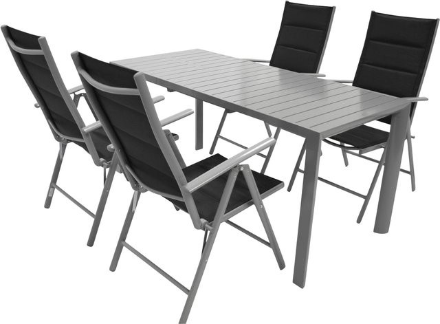 DEGAMO Gartenmöbel Garnitur BAGO 5-teilig aus Aluminium mit ausziehbarem Tisch und Kunstgewebe in Silber und Schwarz - Bild 1