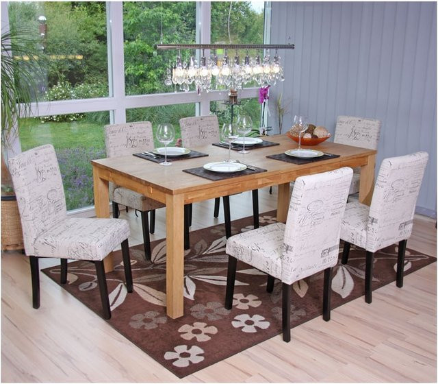 6er-Set MCW Esszimmerstühle Littau aus Textil mit Schriftzug in Beige und dunklen Beinen - Bild 1