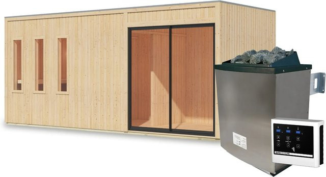 Karibu Saunahaus Huelva in Elementbauweise mit 9 kW externem Ofen, Naturbelassen, Braun, B/T/H: 216,5 x 216,5 x 216,5 cm - Bild 1
