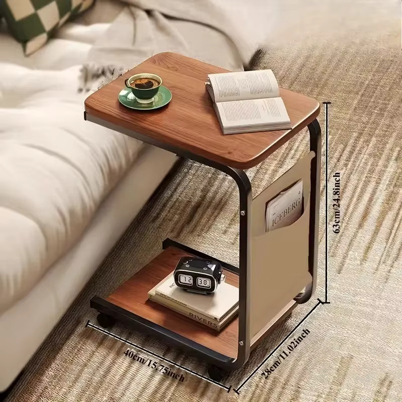 PIORLADO Rollender Beistelltisch in Braun mit Aufbewahrungstasche, C-förmiger Massivholztisch mit Metallrahmen und Rollen für Sofa und Nachttisch - Bild 2