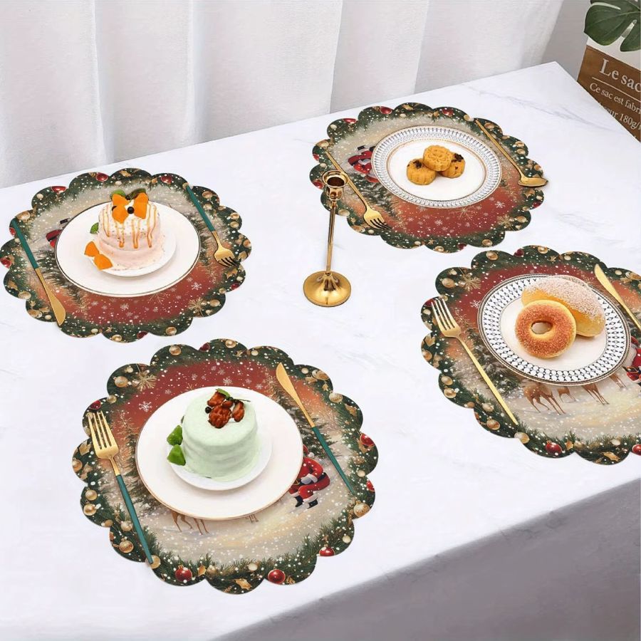 VIKAMA 4er Set Weihnachts Tischsets mit Weihnachtsmann und Rentier Motiv, runde Tischsets mit Schneeflocken und gewelltem Rand für deine Weihnachtsdekoration - Bild 2