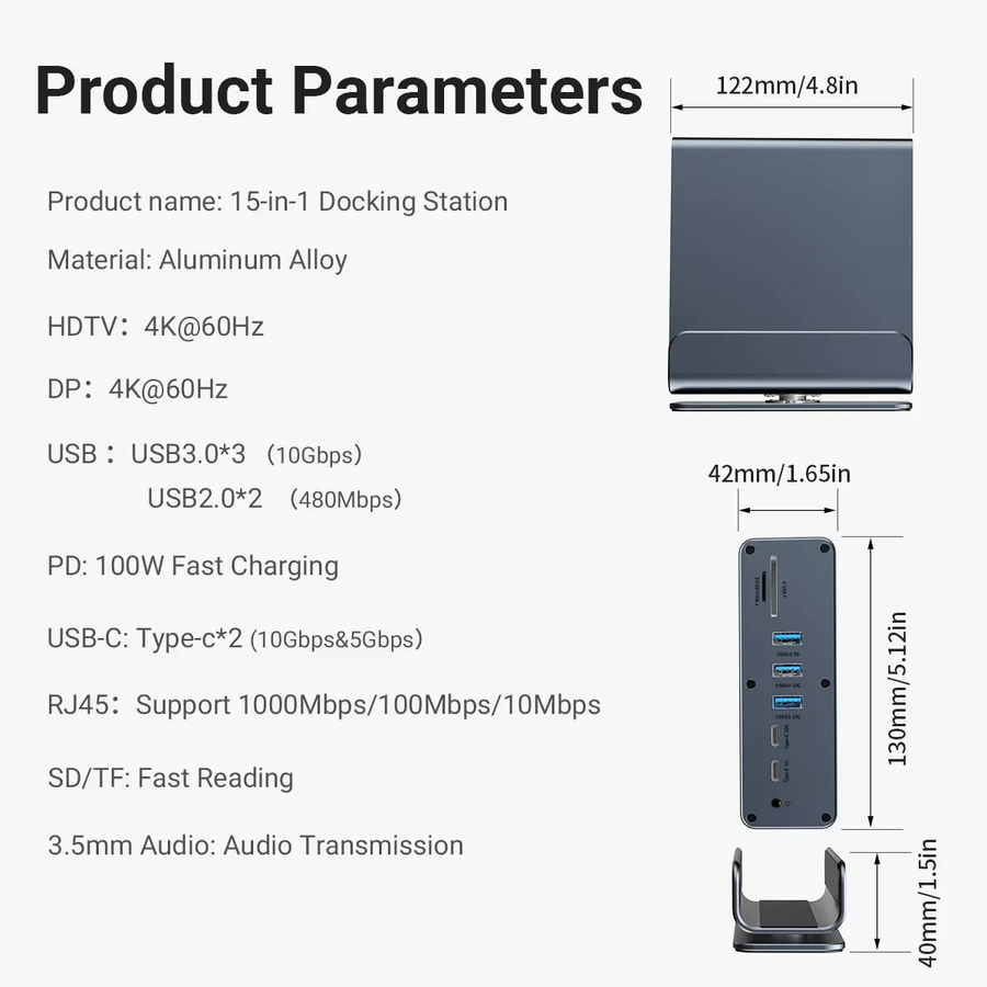 Kebidumei 15 in 1 USB C Docking Station in Grau mit HDMI, DisplayPort 4K UHD, RJ45 Gigabit Ethernet, USB 3.0, PD 3.0, SD/TF Kartenleser und 3,5 mm Audio Anschluss - Bild 6