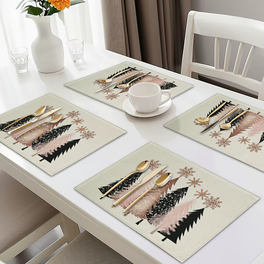 VIKAMA 4er Set Weihnachts-Tischsets mit Schneeflocken-Design in Gold und Leinenoptik - Bild 3