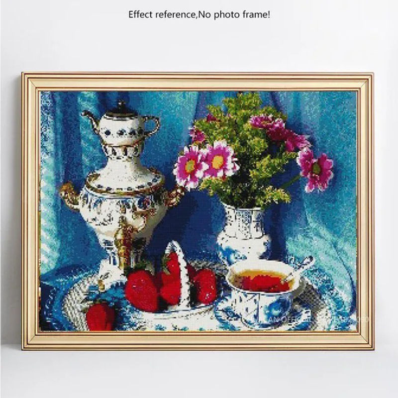 FIYO DIY Diamantmalerei mit runden Blumen und Tee als Mosaik-Stickerei, mehrfarbig, B/H: 20 x 30 cm - Bild 1