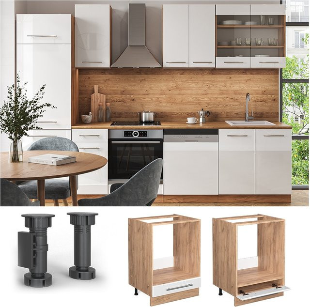 Vicco Herdumbauschrank Fame-Line Küchenschrank in Weiß Hochglanz und Eiche mit Softclose-Scharnieren, Breite: 60 cm - Bild 1