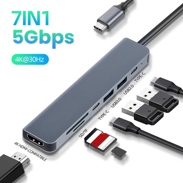 KOJESHUN 7-in-1 USB-C Hub Multiport-Adapter in Grau mit 4K HDMI, USB 3.0 5 Gbit/s, SD/TF-Kartenslot und 100 W PD für MacBook Pro und Air Laptop - Bild 1