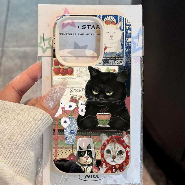 Stoßfeste Handyhülle mit schwarzer Katze und Lychee-Muster für Apple iPhone 11 bis 17 Pro Max und weitere Modelle, Schwarz/Mehrfarbig - Bild 1