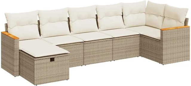 vidaXL 7-teilige Garten-Sofagarnitur in L-Form aus Poly-Rattan und Akazienholz mit Kissen in Beige-Creme - Bild 1