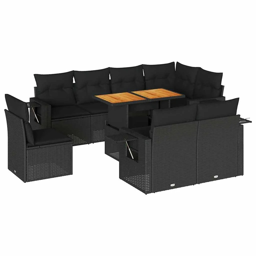 vidaXL 9-tlg. Garten-Sofagarnitur in L-Form aus Poly-Rattan und Akazienholz mit Kissen, Schwarz - Bild 2