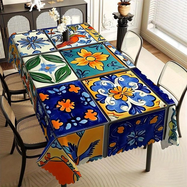 Tischdecke von JMG Household Supplies mit mexikanischem Talavera-Kachel-Druck, buntes Blumen- und Vogeldesign, fleckenabweisend, B/B: 160 x 260 cm - Bild 1