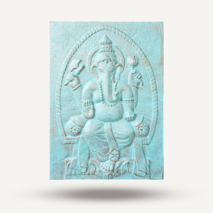 SHAMTAM Ganesha Reliefskulptur aus Eisen in Türkis, B: 70 cm, H: 70 cm - Bild 2