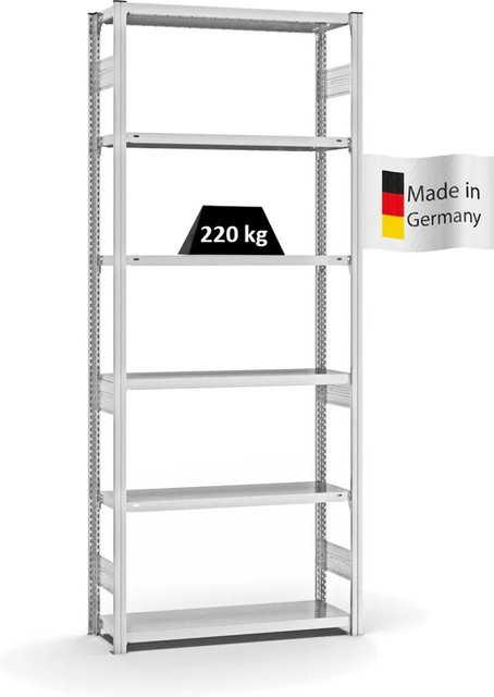 PROREGAL Fachbodenregal Stecksystem T-Profil Medium-Duty Grundregal in Lichtgrau mit 6 Ebenen, H x B x T: 250 x 100 x 30 cm, Fachlast 220 kg, beidseitig nutzbar - Bild 1