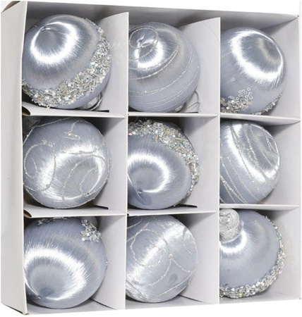 9er Set bruchsichere Weihnachtskugeln von Binchi Outdoor Product in Grau und Silber mit abstrakten Mustern, Durchmesser: 8 cm