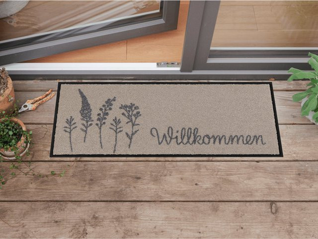 Rutschhemmende Fußmatte Salonloewe in Beige oder Grau mit floralem Gräser-Design aus Polyamid und Gummi - Bild 1