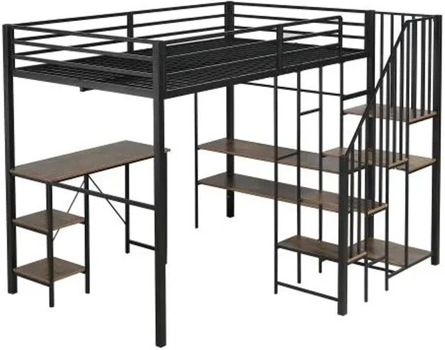 KOMHTOM Etagenbett aus Eisen und MDF mit Eckkleiderschrank, Tisch, Kleiderstange und Bücherregal, Schwarz und Holzfarben, B/T/H: 200 x 120 x 173 cm - Bild 1
