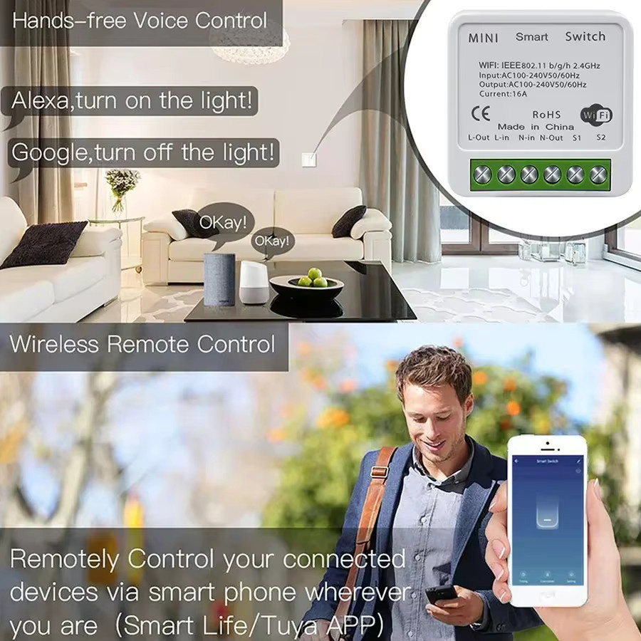 Tuya Smart WiFi Schalter RF433Mhz Relais Empfänger für 2-Wege Steuerung, Automatisierungsmodul 16A/20A in Weiß, kompatibel mit Tuya Smart App, Alexa und Google Home - Bild 3
