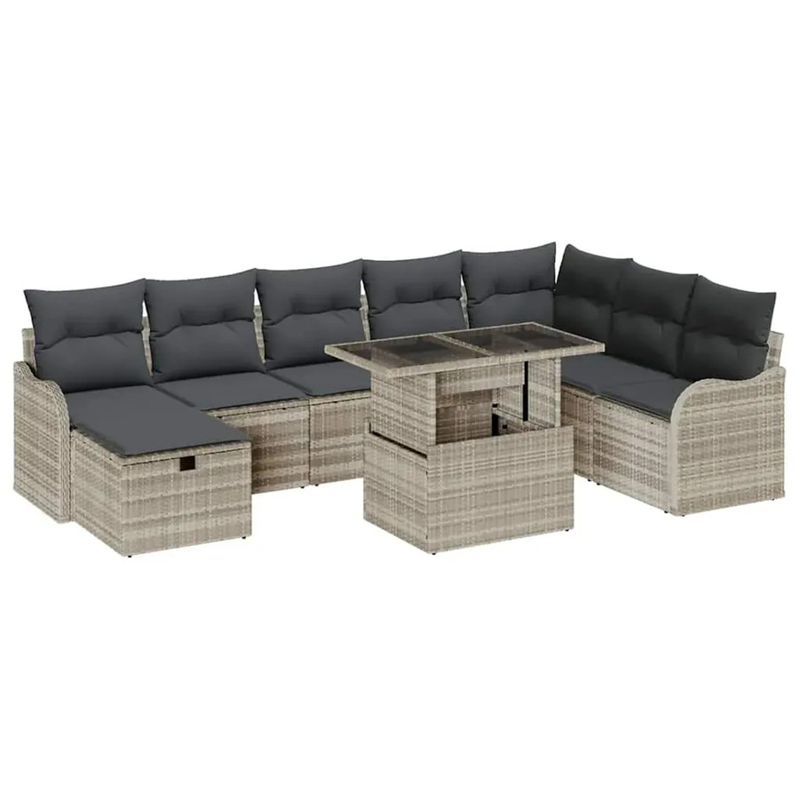 vidaXL Garten-Sofa-Set aus Polyrattan in U-Form mit 9-teiligem Set, Kissen und Couchtisch, Hellgrau - Bild 2