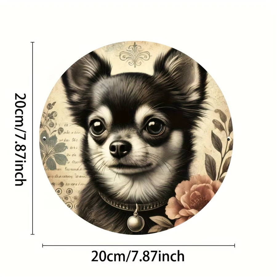 Rundes Aluminiumschild Potdemiel im Vintage-Stil mit Chihuahua-Blumendruck als Wanddekoration aus Metall, Durchmesser: 20 cm, Mehrfarbig - Bild 2