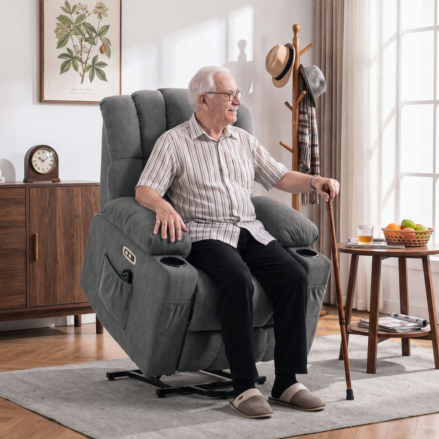 HOMCOM Elektrischer Relaxsessel mit Aufstehhilfe und Vibrationsmassage in Grau mit Liegefunktion, Wärme, USB-Anschluss und Becherhalter - Bild 2