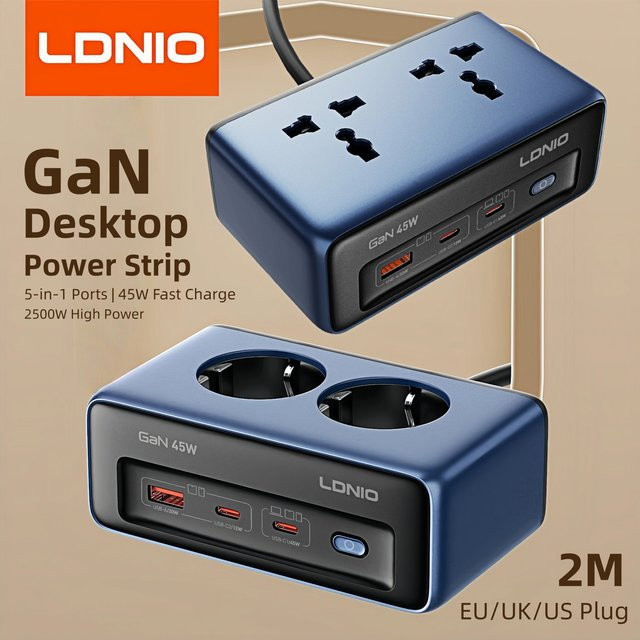 LDNIO Snelle Oplader Cube Stekkerdoos 45W mit 2M Verlängerungskabel und USB-C in Blau - Bild 1