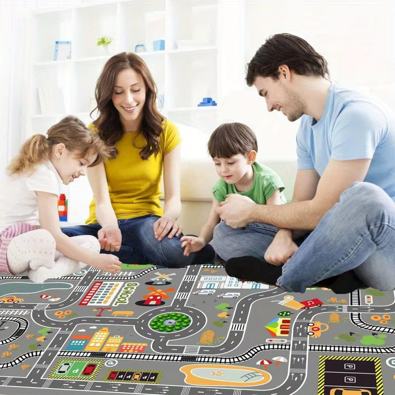 VIKAMA Auto-Spielmatte für Kinder mit Stadtbild-Motiv, bunter Teppich mit Straßen und Gebäuden, Mehrfarbig - Bild 2
