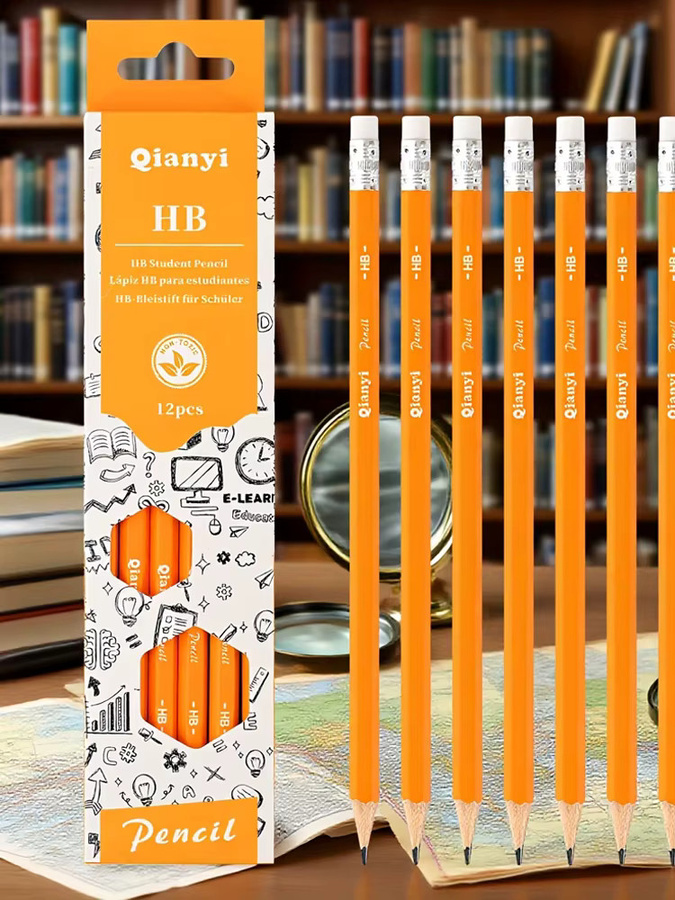12er Set Hexagon HB Bleistifte mit Radiergummis in 3 Farben für Schule und Büro - Bild 4