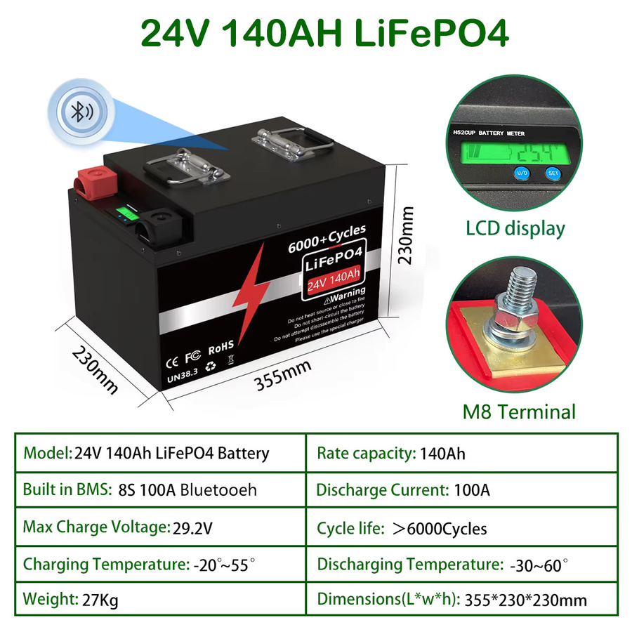KEZIMO LiFePO4 Batterie 24V 140Ah mit Bluetooth BMS und Grade-A-Zellen in Schwarz - Bild 8