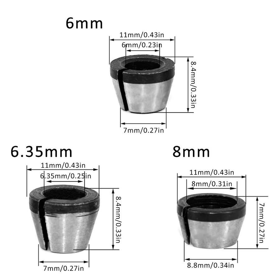 Toorise Spannzangen Set mit Mutter für elektrische Fräsmaschinen, Durchmesser: 6 mm, 6,35 mm oder 8 mm - Bild 2