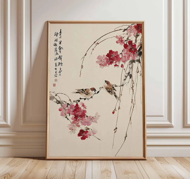 SHENCHEN Kirschblüten-Wandkunst mit japanischem Vogelmotiv als floraler Papierposter im orientalischen Zen-Stil, Mehrfarbig - Bild 1