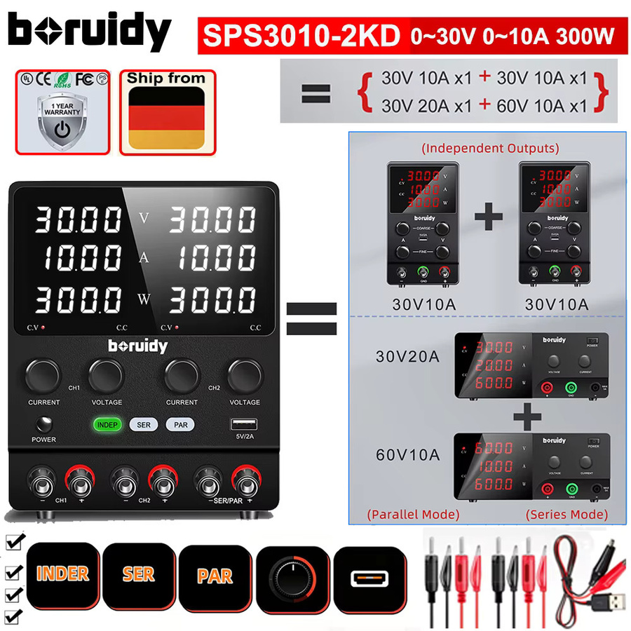 Boruidy SPS3010-2KD Mehrkanaliges Bipolares DC-Gleichstromnetzteil in Schwarz, 30V 10A mit unabhängigen Doppelausgängen, seriell/parallel schaltbar, Labornetzteil für F&E und Alterungstests - Bild 8