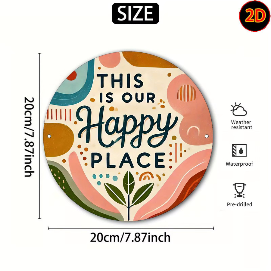 Rundes Wandkunstschild aus Metall von Potdemiel mit dem Schriftzug This Is Our Happy Place in farbenfrohem, abstraktem und geometrischem Vintage-Design, Durchmesser: 20 cm - Bild 2