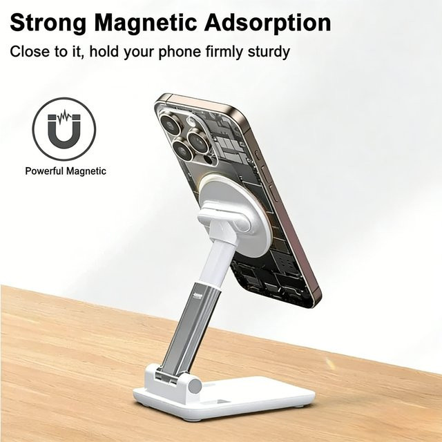 Muzisn Magnetischer Desktop-Handyhalter Kompatibel mit MagSafe Faltbarer Metallständer für iPhone und Tablet in Schwarz oder Weiß - Bild 1