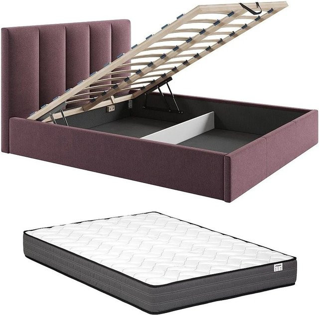 Vente-unique Bett Kilaclo mit Bettkasten in Bordeaux Rot, Breite: 170 cm, Höhe: 106 cm, Tiefe: 213 cm - Bild 1
