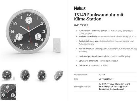 Mebus Funk-Wanduhr 13149 in Schwarz aus Aluminium mit analogem Zifferblatt und Rundform, Durchmesser: 30 cm - Bild 1