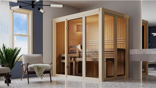 Karibu Sauna Vaira 3 mit Ganzglasfront in Natur und 3,6 kW Ofen inklusive integrierter Steuerung - Bild 1