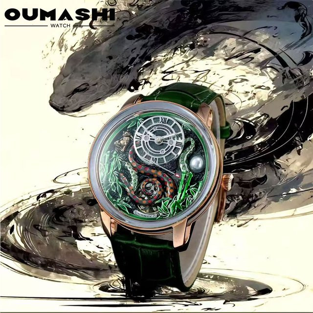 OUMASHI Armbanduhr, Edelstahl, Leder, Schwarz, 46 mm, Herren - Bild 1