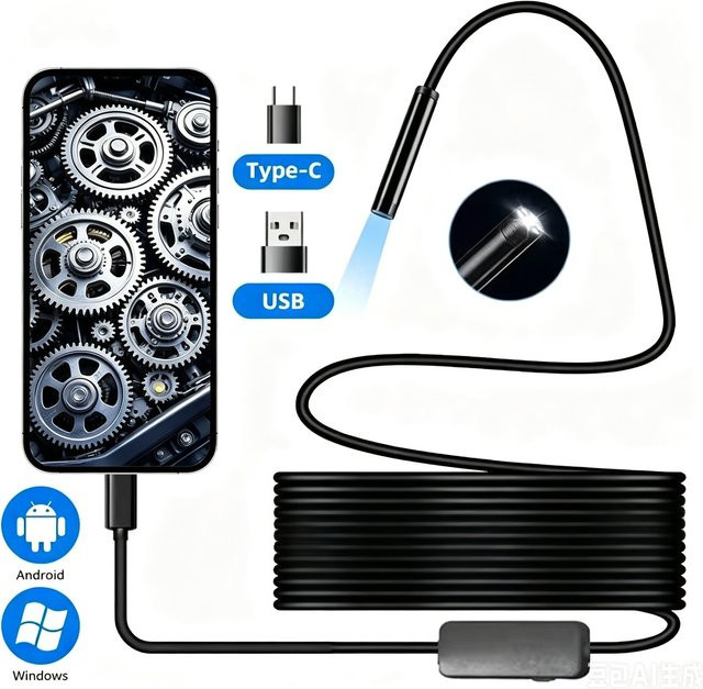 XinFe USB-C Endoskop für Android-Handys, 7,0 mm Boreskop-Inspektionskamera mit 6 LED-Leuchten, Farbe: Schwarz - Bild 1