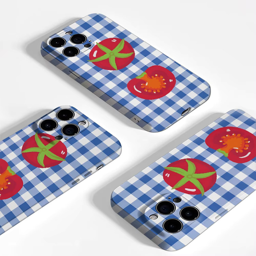 Blau karierte Handyhülle mit Tomaten-Design für Apple iPhone 17 16 15 14 13 12 Pro Max Plus mit doppelschichtiger Rückseite - Bild 2