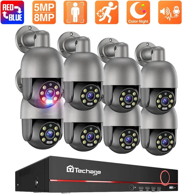 Techage Smart Security PTZ CCTV-System Outdoor mit 8CH POE Kameras, 8MP Auflösung, Vollfarb-Nachtüberwachung, Grau - Bild 1