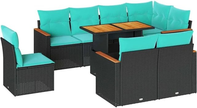 vidaXL 9-teilige Garten-Sofagarnitur aus Poly-Rattan und Akazienholz in Schwarz mit Kissen - Bild 1
