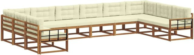 vidaXL Outdoor-Sofagarnitur aus massivem Akazienholz in U-Form, 10-teiliges Set in Natur und Creme mit wetterfesten Kissen - Bild 1