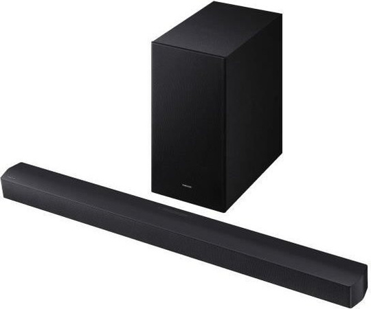 Samsung Soundbar HW-B460F Serie in Schwarz mit 2.1ch, 300W Leistung und kabellosem Subwoofer sowie Adaptive Sound Lite und optischem Anschluss