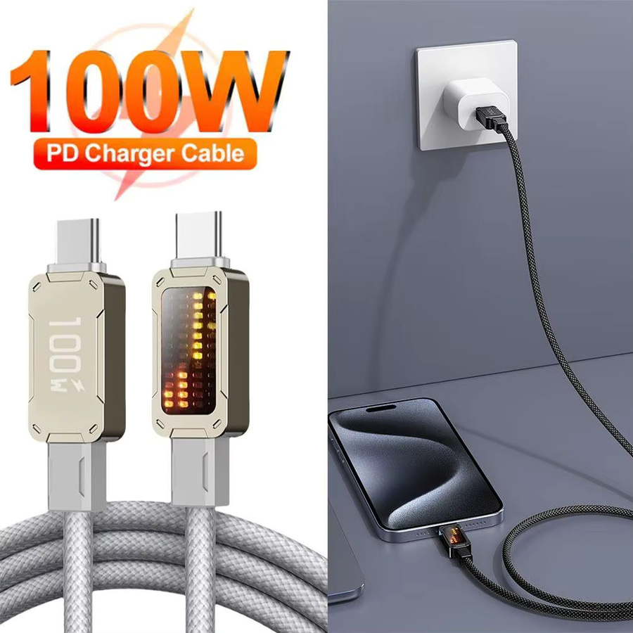 USB-C auf USB-C Schnellladekabel mit 100 W LED-Digitalanzeige in Weiß für Samsung, Xiaomi, Redmi und Huawei - Bild 2