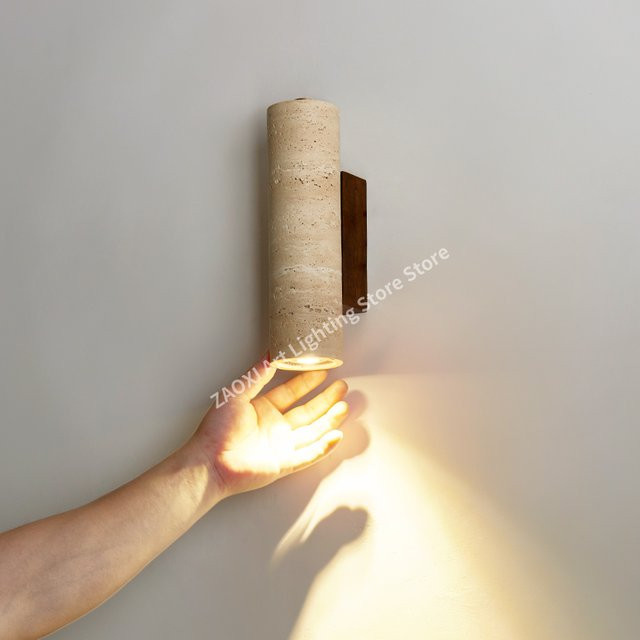 ZAOXI LED Wandleuchte im Vintage Design aus Travertin Stein und Holz in Gelb und Beige - Bild 1