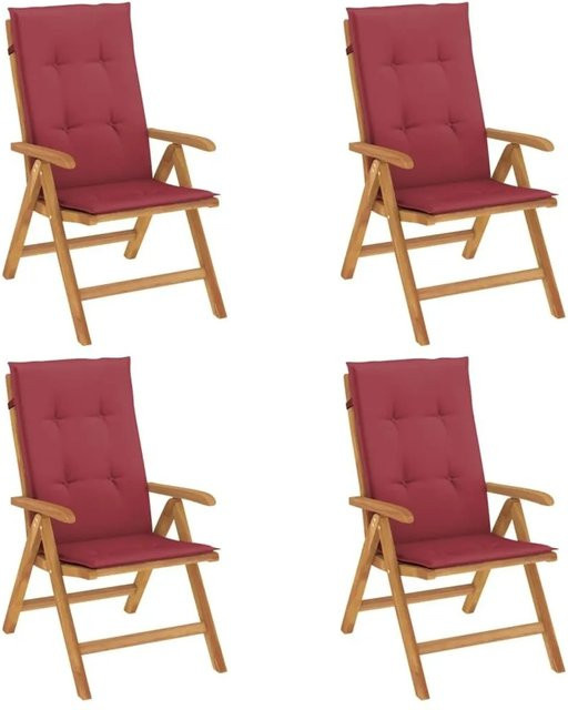 vidaXL Gartenstühle Set aus Teakholz mit weinroten Kissen, 4 Stück - Bild 1