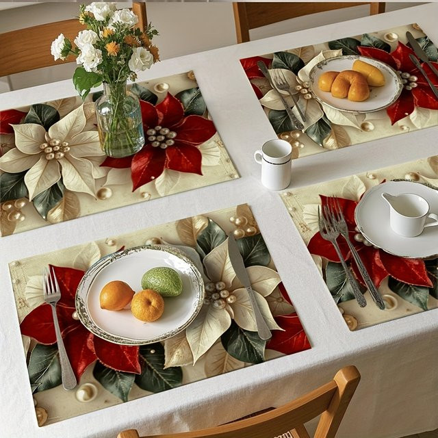 VIKAMA Luxus Tischmatte mit Perlen und Blumenmuster in Rot, waschbar - Bild 1
