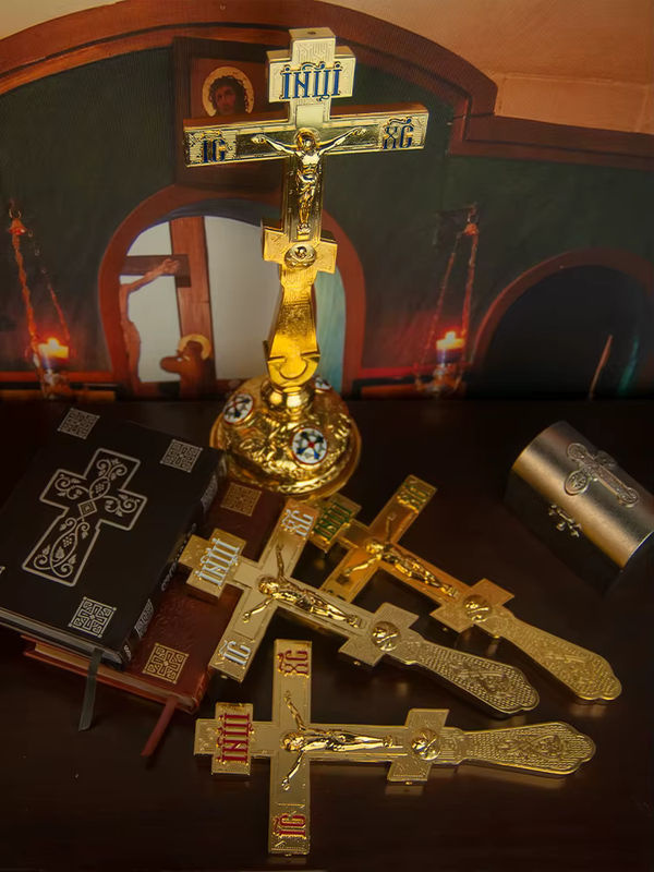 HTISOK Östliches orthodoxes Kreuz aus Metall in Gold als Kirchendekoration und Gebetszubehör - Bild 5