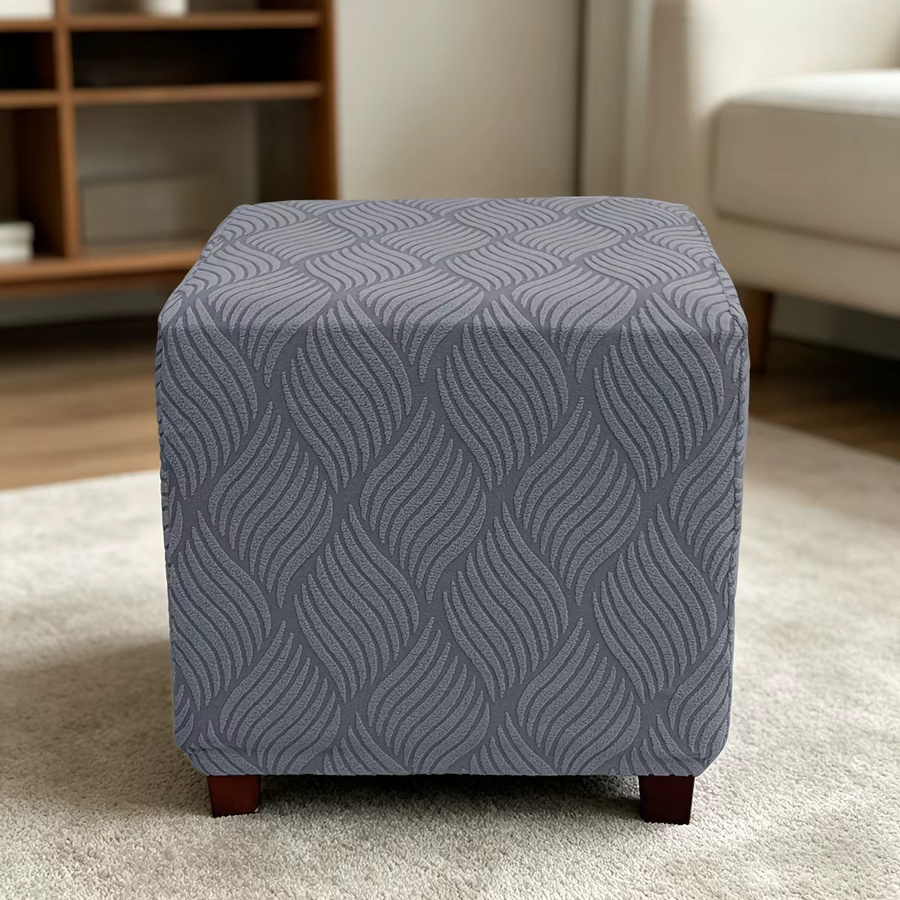 Yupartex Elastischer Ottoman-Überzug mit Blattmuster in Jacquard-Qualität, Quadratischer Fußhocker-Bezug in Schwarz - Bild 2