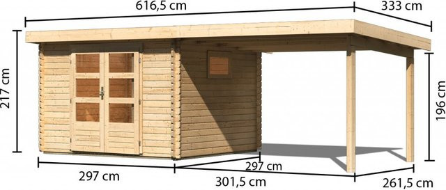 Gartenhaus aus Holz TRITTAU 3 mit 38 mm Wandstärke in Naturbelassen, B/T: 297 x 297 m, inklusive 330 m Anbaudach - Bild 1