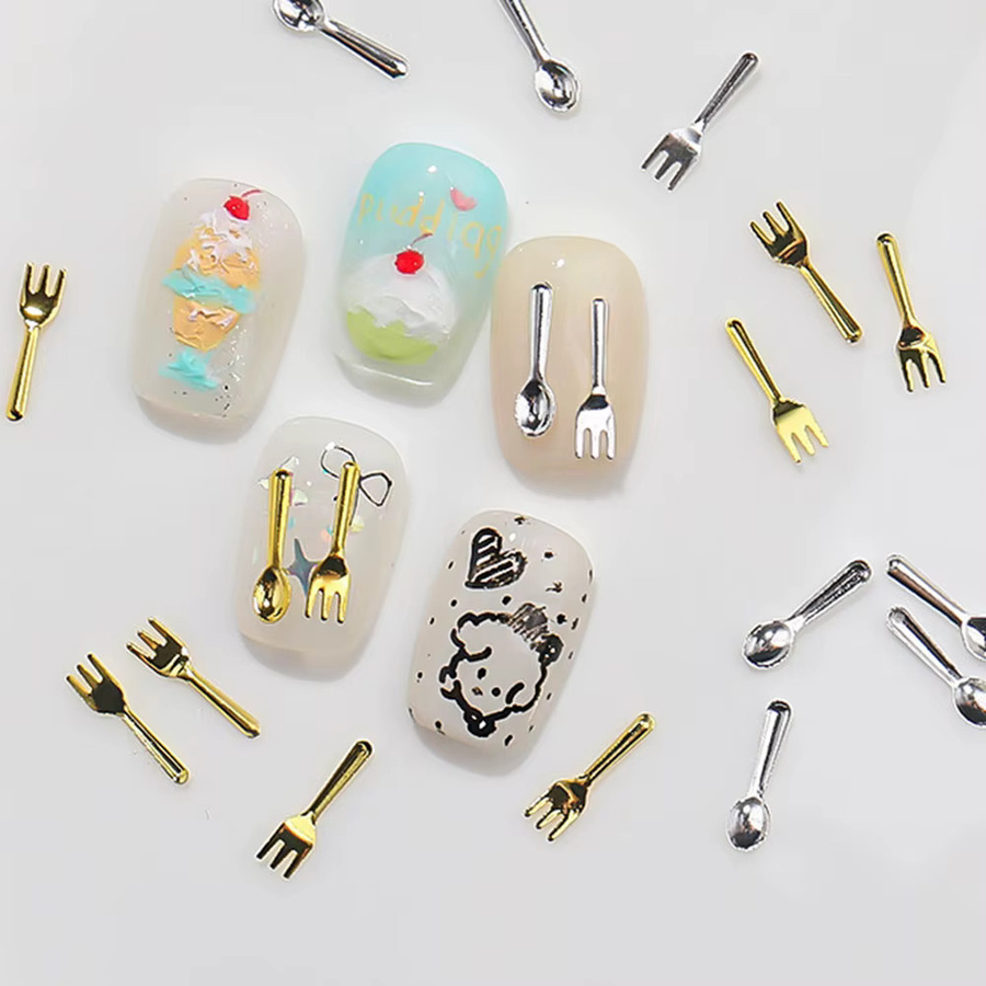 felaxuu Nagel Charms Mini Metall Gabel Löffel, Gold Silber, 50 Stück - Bild 3